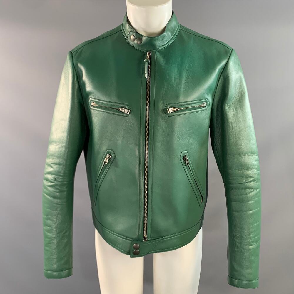 TOM FORD Size 44 Green Leather Zip Up Jacket